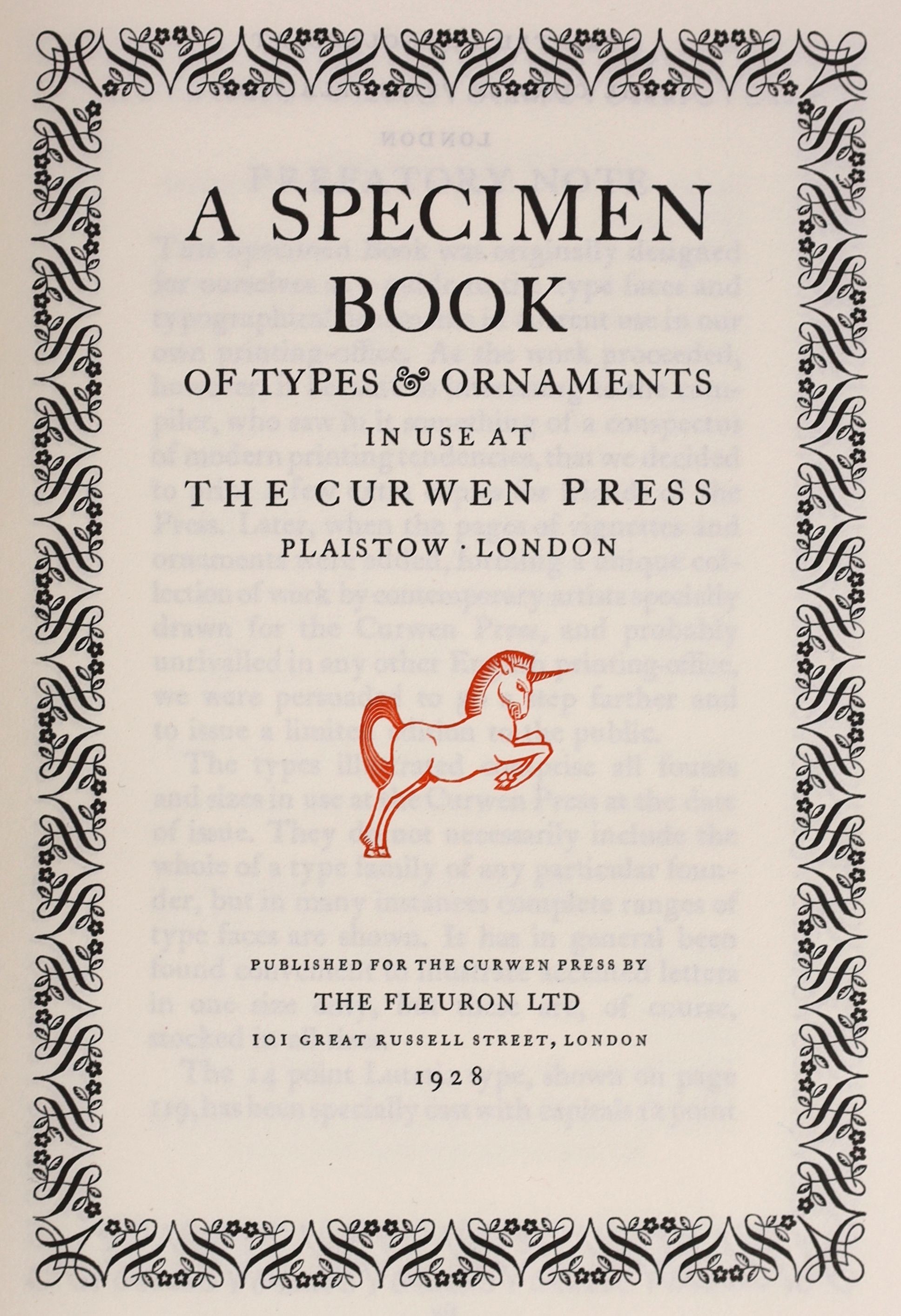 The Curwen Press - A Specimen Book of Types & Ornaments. 1st and limited ed. one of 135. Adorned with illustrated plates on type faces and numerous vignettes, many in colour. Morocco with panelled spine and gilt letters